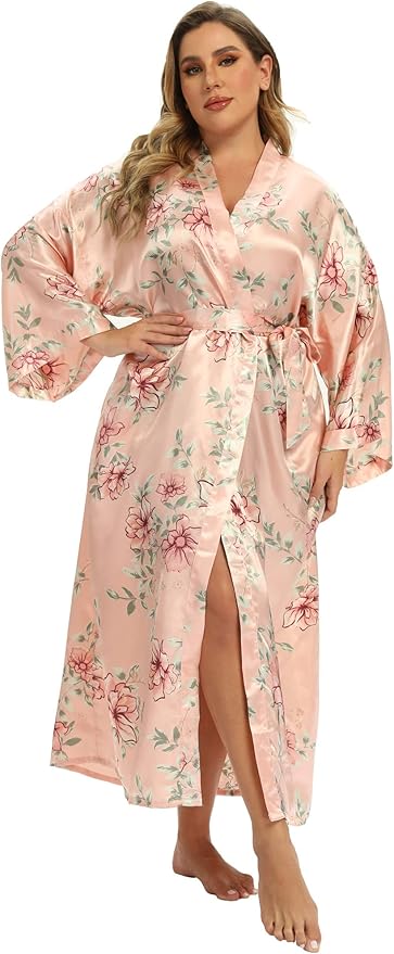 Women's Floral Long Satin Robes Plus Size Long Silk Robes Peacock Floral Kimonos Sleepwear Dressing Gown