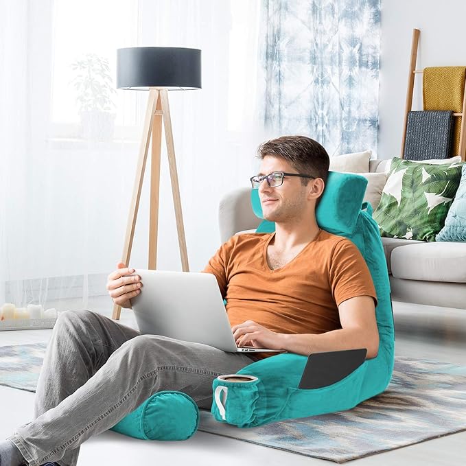 Clara Clark Reading Pillow with Shredded Memory Foam Includes 2 Neck and Lumber Support Pillows, Designed for Sitting Up in Bed and Couch, Back and Arms Adjustable Support for Adults & Teens, Teal