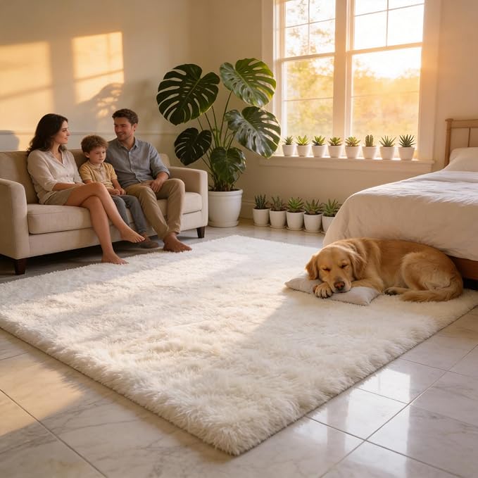 Ultra Soft Shag 8x10 Cream Area Rug – 8x10 Rugs for Living Room, Non-Slip, Fluffy Plush Large Carpet, Shaggy Furry Rug for Bedroom, Dorm, Kids and Girls Room, Nursery, Home Office Décor