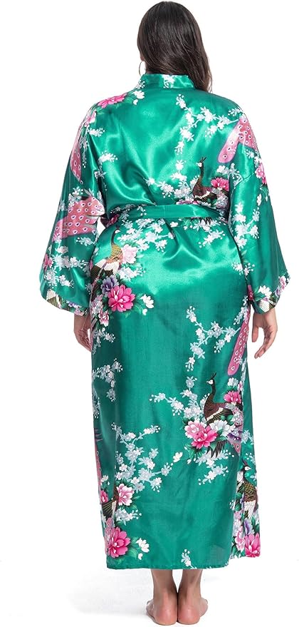 Women's Floral Long Satin Robes Plus Size Long Silk Robes Peacock Floral Kimonos Sleepwear Dressing Gown