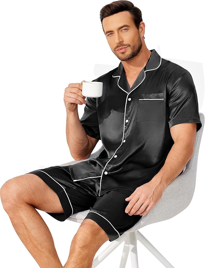 Ekouaer Mens Pajamas Set Silk Satin Sleepwear Short Sleeve Button Down Pjs Set 2 Piece Loungewear with Pockets S-XXL