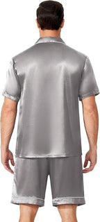 Ekouaer Mens Pajamas Set Silk Satin Sleepwear Short Sleeve Button Down Pjs Set 2 Piece Loungewear with Pockets S-XXL