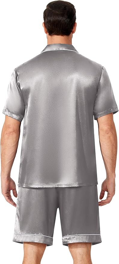 Ekouaer Mens Pajamas Set Silk Satin Sleepwear Short Sleeve Button Down Pjs Set 2 Piece Loungewear with Pockets S-XXL