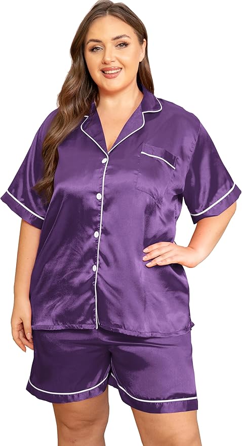 Vozanet Women's Short Sleeve Satin Pajama Sets Silky Ladies Button Down Loungewear Plus Size Nighty Shorts Sets XL to 5XL