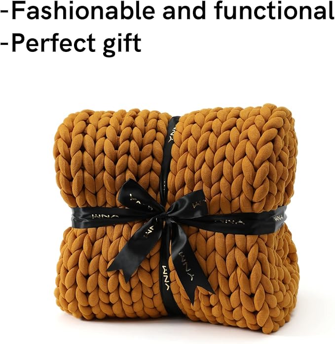 YnM Knitted Weighted Blanket, Handmade Chunky Knitted Design, Soft and Cozy, Temperature Regulating and Breathable, Machine Washable Throw for Sleep or Home Decor (Yellow Fusion, 50x60 Inch, 10lbs)