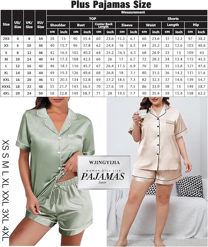 WJing Yi Jia Womens Silk Satin Pajamas Loungewear Two-Piece Sleepwear Button-Down Floral Pj Set XS-4XL