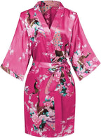 Women's Short Kimono Robes Bride and Bridesmaid Satin Floral Bathrobe Peacock Sleepwear Dressing Gown for Wedding Party