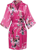 Women's Short Kimono Robes Bride and Bridesmaid Satin Floral Bathrobe Peacock Sleepwear Dressing Gown for Wedding Party