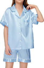 EPLAZA Kids Satin Pajamas Sets Girls Boys Button-Down Silky Pajamas Sleepwear with Hairband Eye Mask Hair Tie