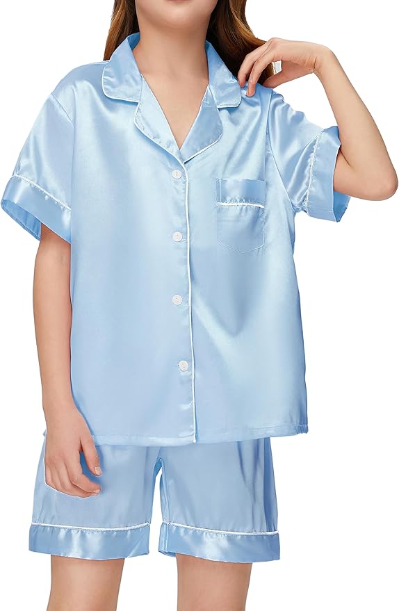 EPLAZA Kids Satin Pajamas Sets Girls Boys Button-Down Silky Pajamas Sleepwear with Hairband Eye Mask Hair Tie