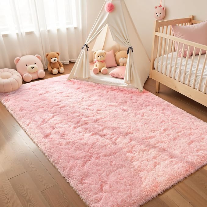 Macgace Light Pink Rugs for Bedroom Girls, 8x10 Shag Rug Fluffy Area Rugs with Non-Slip Backing for Living Room, Large Plush Carpet Washable Rug Cute Home Decor Aesthetic for Nursery Dorm Office