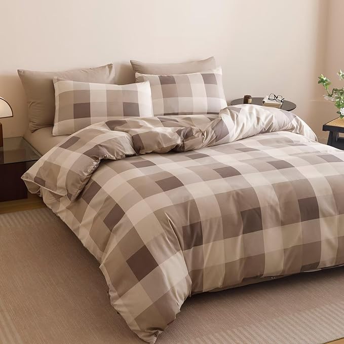 Luxlovery Checkered Khaki Beige Comforter Set King Gingham Bedding SetWomen Men Bedding Grid Bedding Set Fluffy Soft Cottagecore Khaki and Cream Coffee Blanket Quilts with 2 Pillowcases King Bed