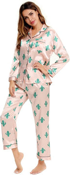 SWOMOG Womens Silk Satin Pajamas Set Long Sleeve Button Down Sleepwear 2 Piece Lounge Set Pj Set XS-3XL