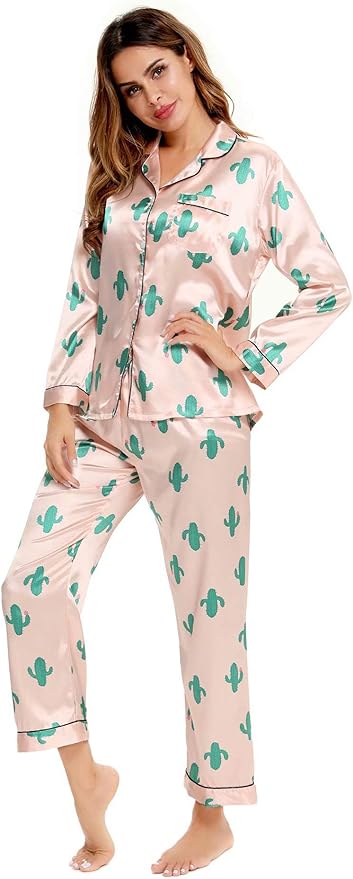 SWOMOG Womens Silk Satin Pajamas Set Long Sleeve Button Down Sleepwear 2 Piece Lounge Set Pj Set XS-3XL