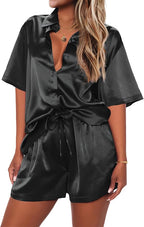 Ekouaer Pajamas for Women Silk Satin Pjs Soft Sleepwear Short Sleeve Button Down Pjs Top and Shorts 2 Piece Lounge Set S-XXL