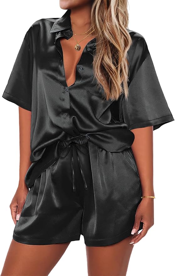 Ekouaer Pajamas for Women Silk Satin Pjs Soft Sleepwear Short Sleeve Button Down Pjs Top and Shorts 2 Piece Lounge Set S-XXL