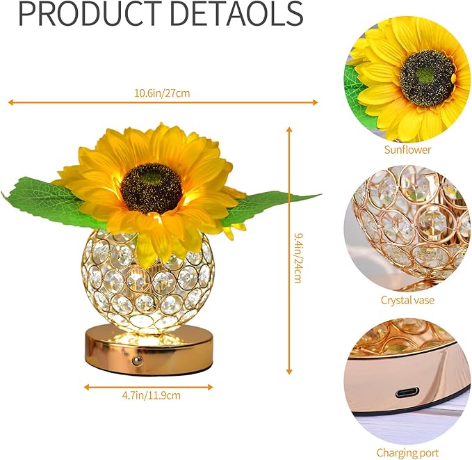 Flower Lamp with USB Charge,3-Colour Infinitely Dimmable Artificial Sunflower LED Table Lamp,Rechargeable Cordless Touch Small Night Light,Gift Ideas for Mothers Day,Xmas,Birthday (Sunflowers02)