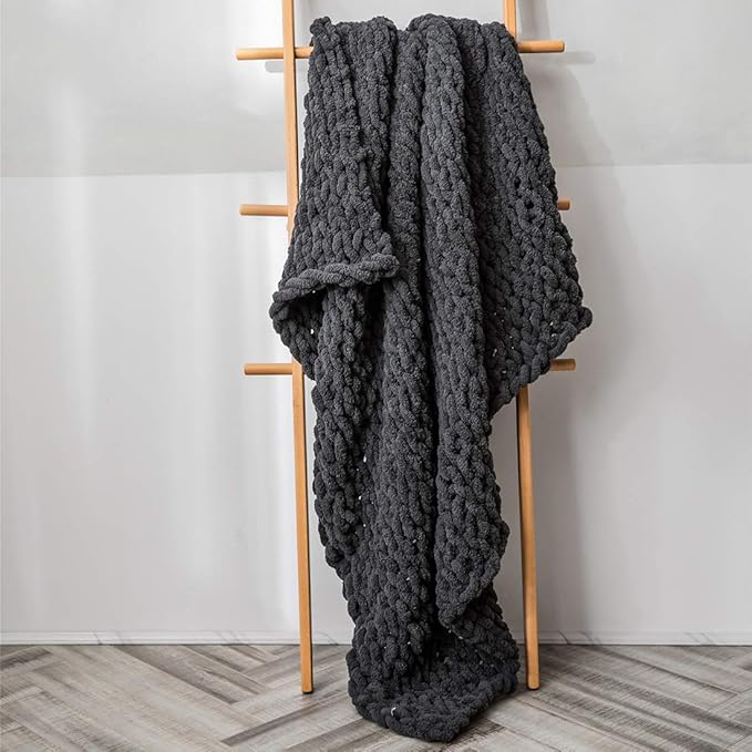 vctops Boho Chenille Chunky Knit Throw Blanket Super Soft Warm Cozy Hand Knit Blankets for Couch Bed Sofa Chair (Dark Grey,51"x63")