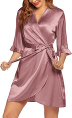 Ekouaer Women's Satin Robe Valentines Lingerie for Women Kimono Bathrobe Short Ruffle Belted Robes Bridesmaids Sleepwear