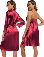 BestWendding Women's Silk Robe Set 2 Pieces Pajamas Sets Sexy Soft Satin Robe with V Neck Camisole Lingerie Nightgown