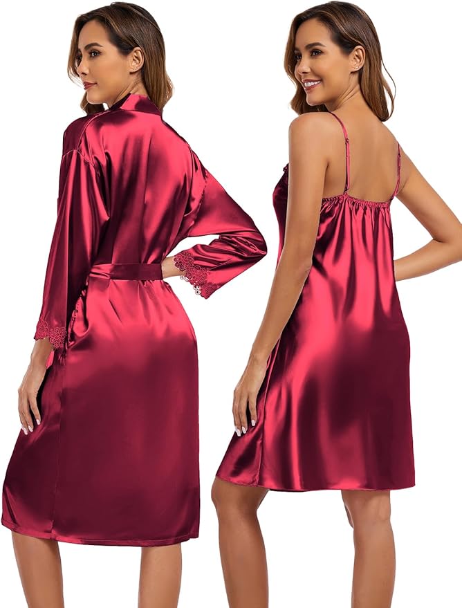 BestWendding Women's Silk Robe Set 2 Pieces Pajamas Sets Sexy Soft Satin Robe with V Neck Camisole Lingerie Nightgown