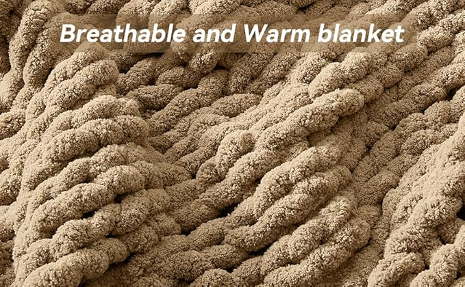 Negwoo Chunky Knit Throw Blanket, 60''*80'' Knitted Throw Chenille Yarn for Bed Couch, Handmade Light Brown Crochet Big Thick Blanket, Machine Washable Cute Comfy Blanket for Home Decor