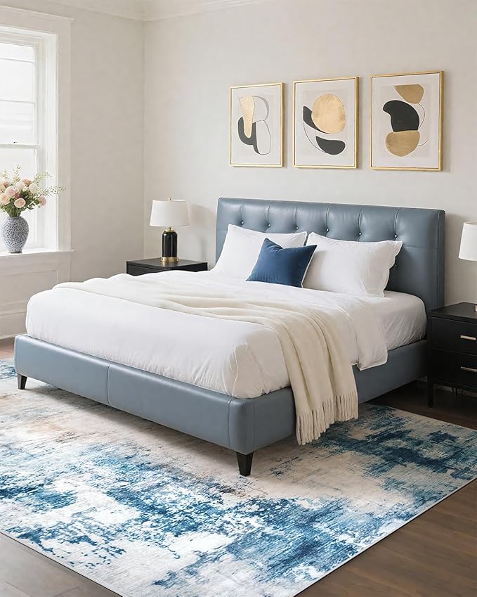 CRYPTOLITE Abstract Area Rug 5x7 Washable Rug with Non-Slip Backing Low Pile Area Rug Area Rugs for Living Room, Bedroom, Dining Room, Blue