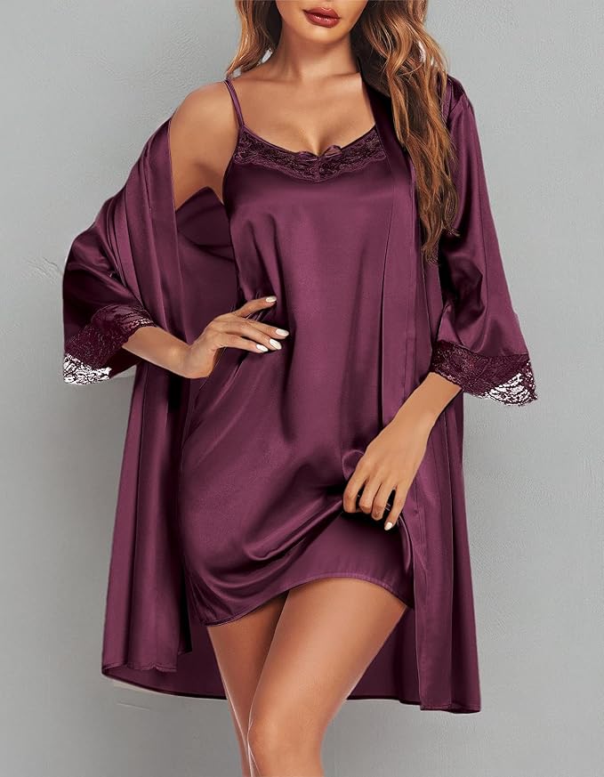 Ekouaer Sleepwear Women's Satin Nightgown with Robes Set 2 Piece Sexy Lace Cami Nightwear