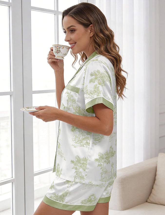 EPLAZA Silk Pajamas for Women Satin Pajamas Set 5 Pcs Long Sleeve Print Pattern Button Down Pjs Sleepwear Loungewear Set