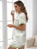 EPLAZA Silk Pajamas for Women Satin Pajamas Set 5 Pcs Long Sleeve Print Pattern Button Down Pjs Sleepwear Loungewear Set