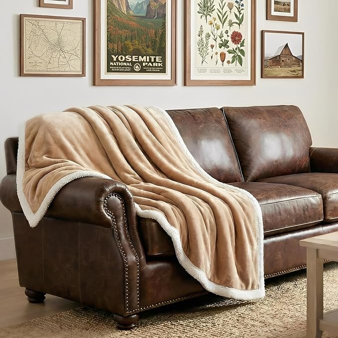 Sherpa Double-Sided Blankets, Plush & Cuddly Throw, Extra-Plush Thermal Fleece Blanket for Sofa/Couch/Bedding, Super Soft Living Room Blanket with Anti-Pilling (Khaki, 60×80)