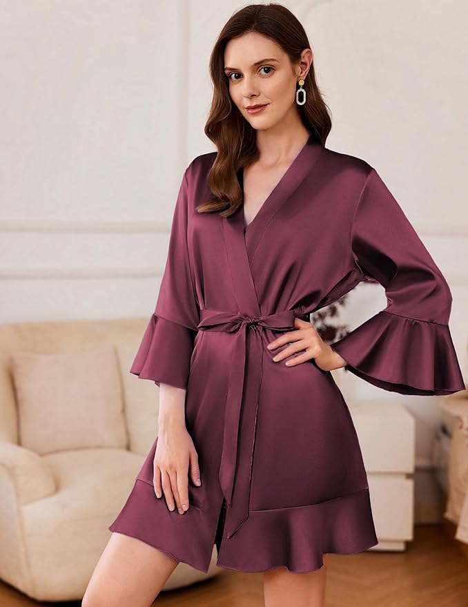 Ekouaer Women's Satin Robe Short Ruffle Hem Silky Robes Lightweight Kimono Brides Bathrobes Sleepwear XS-XXL