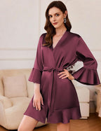 Ekouaer Women's Satin Robe Short Ruffle Hem Silky Robes Lightweight Kimono Brides Bathrobes Sleepwear XS-XXL