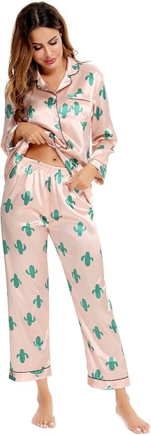 SWOMOG Womens Silk Satin Pajamas Set Long Sleeve Button Down Sleepwear 2 Piece Lounge Set Pj Set XS-3XL