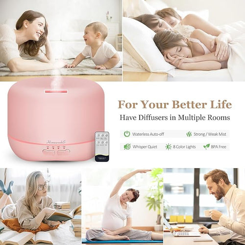 Aromatherapy Essential Oil Diffuser for Room: Air Humidifier Aroma Scent Cool Mist Colorful Lights Cute Small Large Waterless Auto Off Ultrasonic Diffusers for Home Bedroom Pink (300ml)