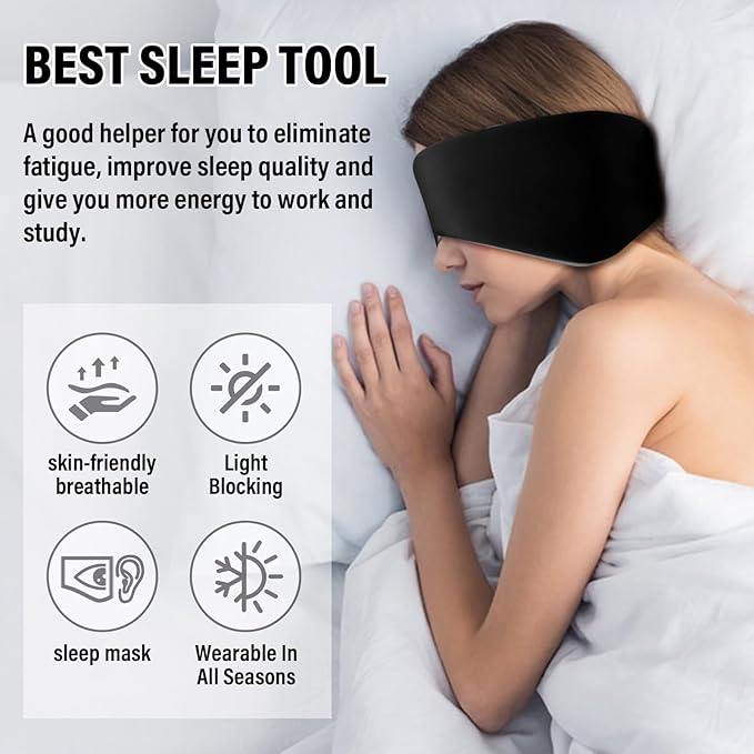 Sleep Mask, Eye Mask for Sleeping with Heads Adjustable, Earmuffs for Sleep for Men & Women, 2 in 1 Ear Mask and Blindfold, Soft Dual-Sided All-Season Eye Cover for Side Sleepers (Black)