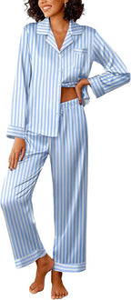 Ekouaer Womens Silk Satin Pajama Sets 2 Piece Sleepwear Pjs Set Long Sleeve Button Down Top and Pants Stripe Loungewear S-XXL