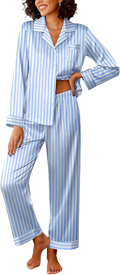 Ekouaer Womens Silk Satin Pajama Sets 2 Piece Sleepwear Pjs Set Long Sleeve Button Down Top and Pants Stripe Loungewear S-XXL