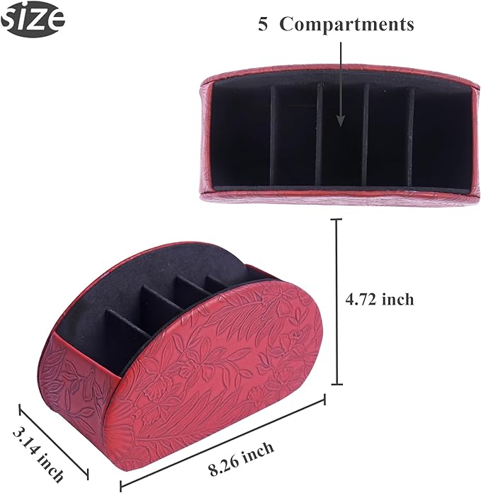 QIELIZI Remote Control Holder, PU Leather Remote Caddy Desktop Organizer with 5 Spacious Compartments for TV Remotes/Media Controllers/Office Supplies (1-Carved Red