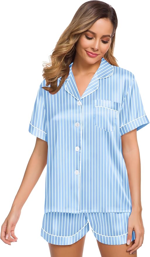 SWOMOG Womens Silk Satin Pajamas Set Short Sleeve Sleepwear Button Down Top and Shorts Loungewear 2 Piece Pjs Set XS-3XL