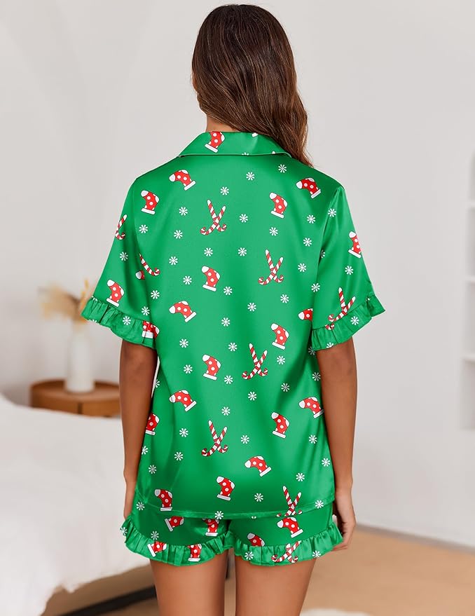 Ekouaer Satin Pajama Set for Women Button Down Silk 2 Piece Pj Sets Ruffle Short Sleeve Sleepwear