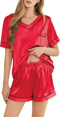Silk Pajamas for Women Short Sleeve Satin 2 Piece Pj Set Soft V Neck Sleepwear Loungewear, S-XXL