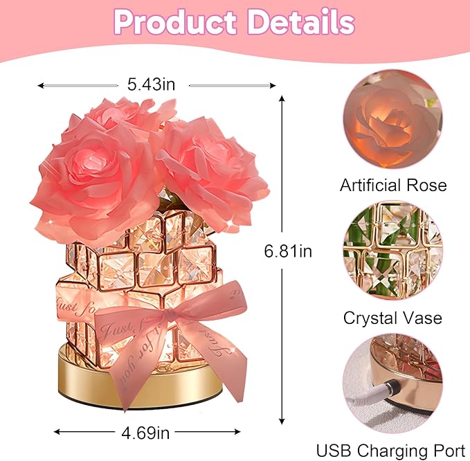 ONXE Birthday Gifts for GF Girlfriend Mom Wife, Flower Cordless Crystal Table Lamp,3-Colour Dimming Rechargeable Forever Rose Bedside Lamp Night Light Anniversary Decor for Women Men