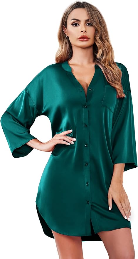 Ekouaer Satin Nightgowns for Women Silk Sleepwear Button Down Sleepshirt 3/4 Sleeve V-Neck Nightshirts with Pockets