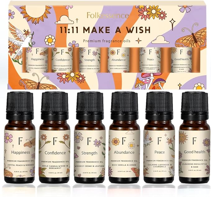 Folkulture Essential Oils Set for Diffuser | Manifestation & Mindfulness Aromatherapy | Set of 6 Calming Home Fragrance Oils - Sandalwood, Vanilla, Eucalyptus, Chamomile & More | 11:11 Make a Wish