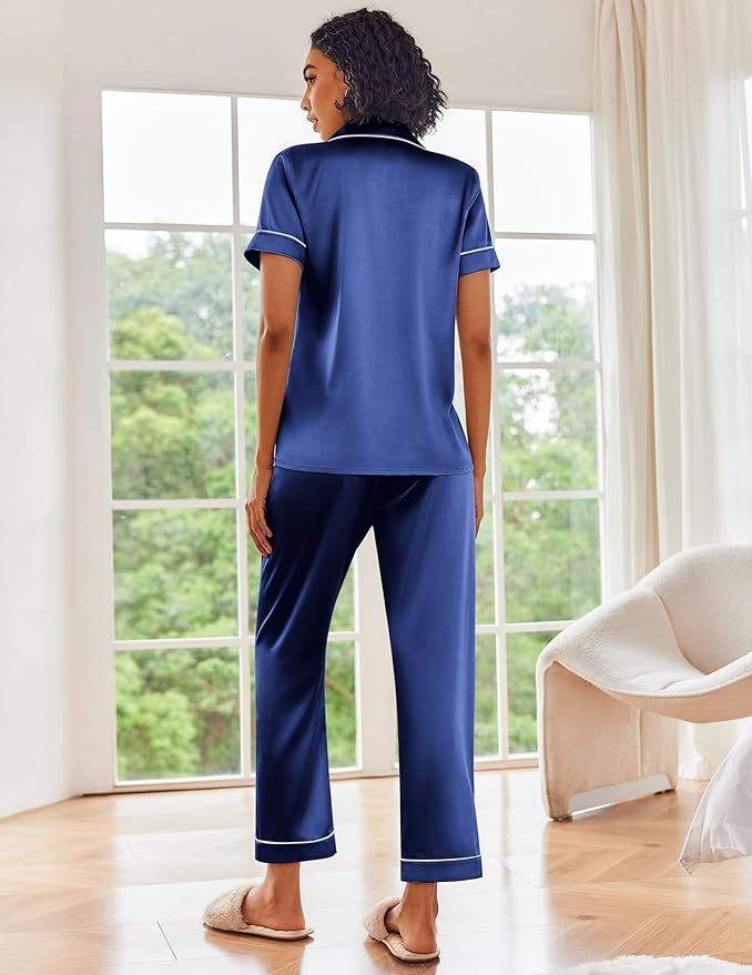 Ekouaer Satin Pajamas Set Women Short Sleeve Sleepwear Soft Button Down Loungewear Pjs Set