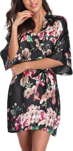 Women's Floral Satin Robes Bride Bridesmaid Getting Ready Robe Short Silky Kimono Sleepwear for Wedding Party