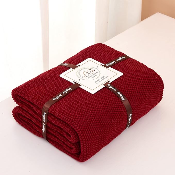 Longhui bedding Burgundy Cotton Cable Knit Throw Blanket for Couch Sofa Chair Bed Home Decorative, 3.4 Pounds 60 x 80 Inch Woven Throw Blankets with Bonus Laundering Bag
