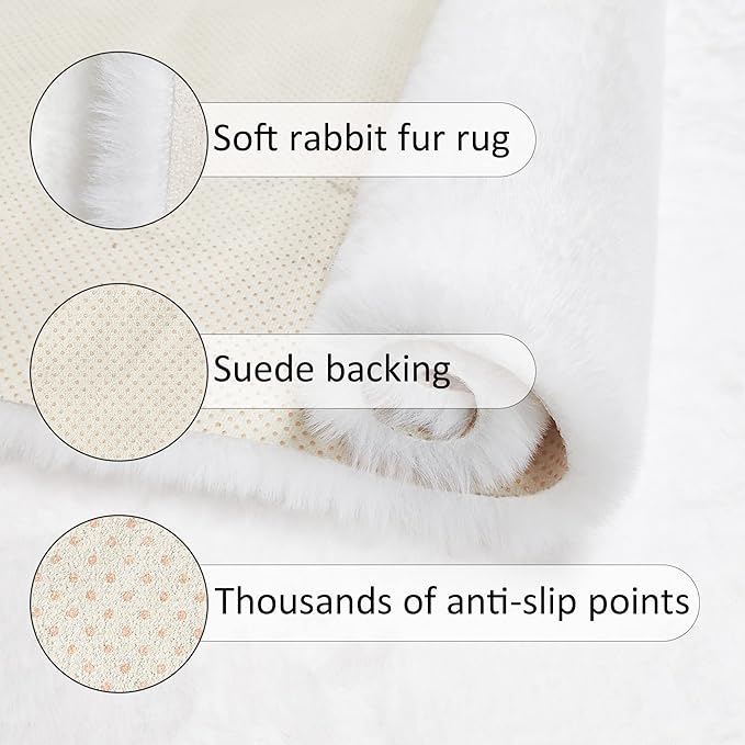 Small White Faux Rabbit Fur Rug 2x3 Fluffy Rug for Bedroom Chair Entryway Living Room Washable Non Shedding