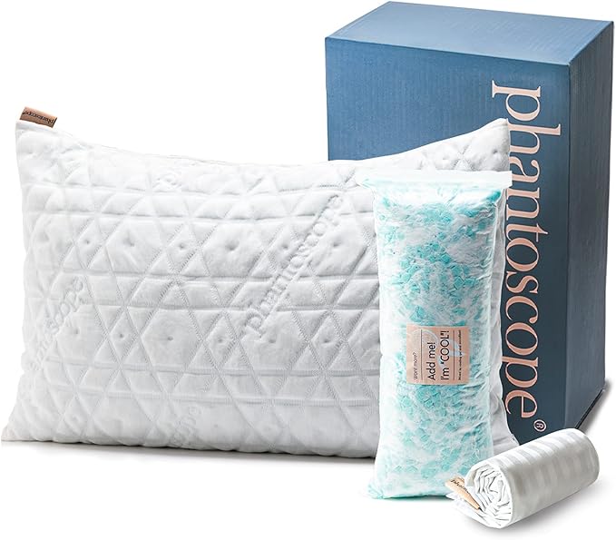 Phantoscope Memory Foam Pillow for Sleeping, Shredded Memory Foam Pillow Cooling Gel for Hot Sleepers, Adjustable Firm Bed Pillows with Bamboo Cover & Cotton Cover, King Size, 1 Pack, Gift Package